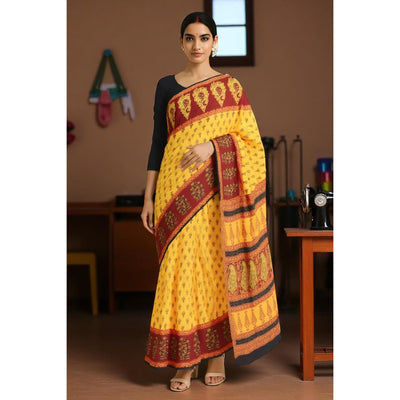 Yellow Bagh Mul Cotton Block Print Saree