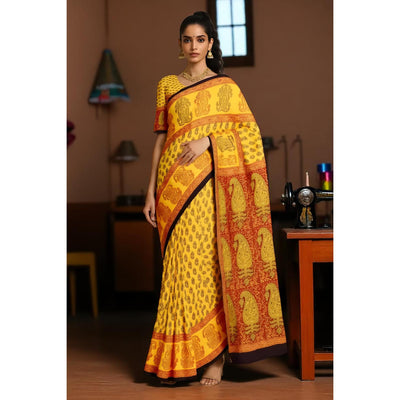 Yellow Bagh Mul Cotton Block Print Saree