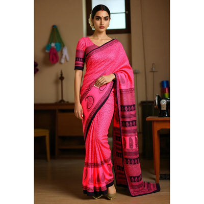 Pink Bagh Mul Cotton Block Print Saree