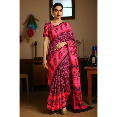 Pink Bagh Mul Cotton Block Print Saree