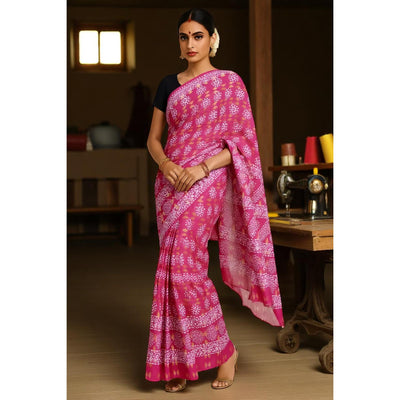 Dark Pink Wax Batik Cotton Saree