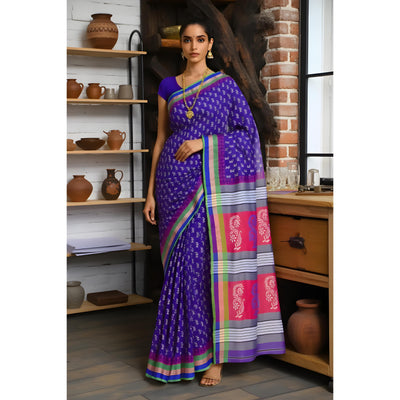 Purple Handloom Maheshwari Silk Saree with Khari Block Prints