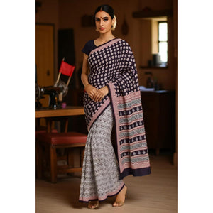 Cream Bagh Designer Mul Cotton Saree