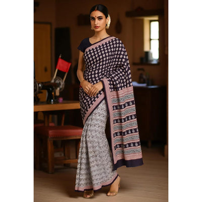 Cream Bagh Designer Mul Cotton Saree