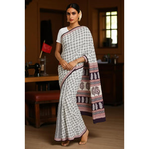 Cream Bagh Designer Mul Cotton Saree