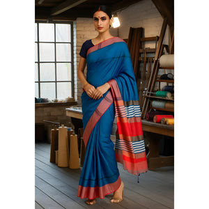 Teal Handloom Maheshwari Silk Saree