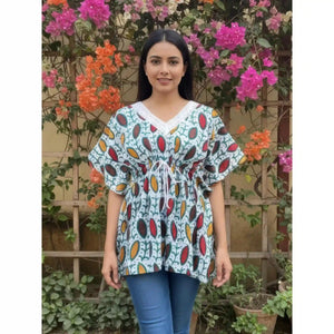 Cream Batik Block Print Designer Short Kaftan