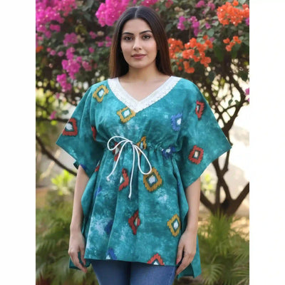 Sea Green Batik Block Print Designer Short Kaftan