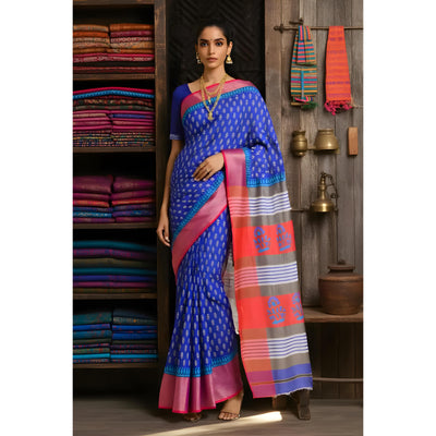 Royal Blue Handloom Maheshwari Silk Saree with Khari Block Prints