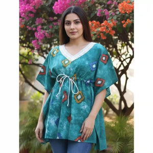 Sea Green Batik Block Print Designer Short Kaftan