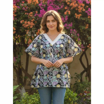 Black Batik Copper Block Print Designer Short Kaftan