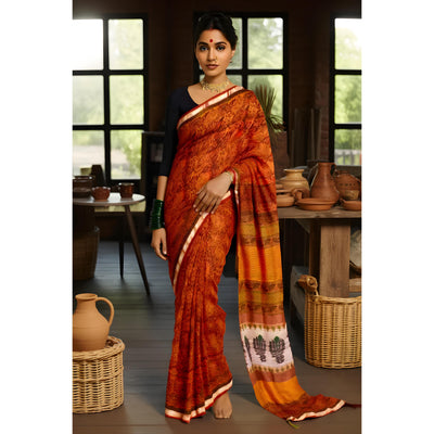 Mustard Yellow Handloom Maheshwari Silk Blockprinted Saree
