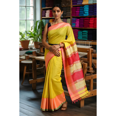 Yellow Handloom Maheshwari Silk Saree