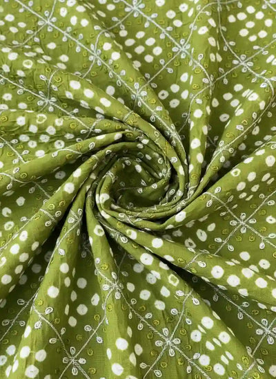 Green Bandhani Cotton Designer Suit With Embroidery