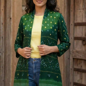 Green Bandhani Merino Wool Long Jacket