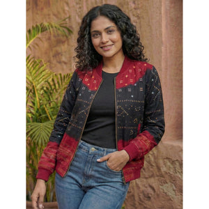 Black Bandhani Merino Wool Bomber Jacket