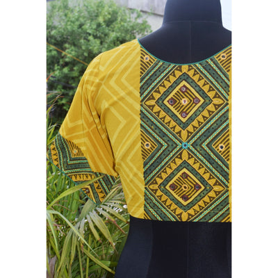 Yellow Ajrakh Designer Embroidered Blouse