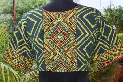 Green Ajrakh Designer Embroidered Blouse