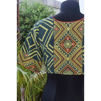 Green Ajrakh Designer Embroidered Blouse