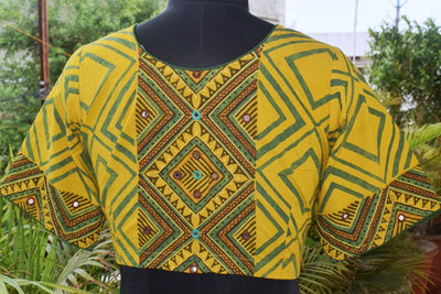 Yellow Ajrakh Designer Embroidered Blouse