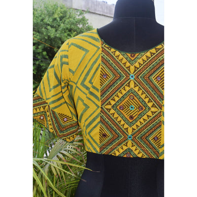 Yellow Ajrakh Designer Embroidered Blouse