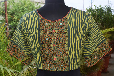 Green Ajrakh Designer Embroidered Blouse