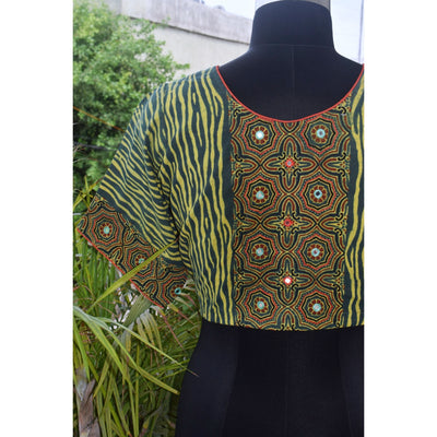 Green Ajrakh Designer Embroidered Blouse