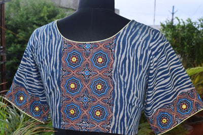 Indigo Ajrakh Designer Embroidered Blouse