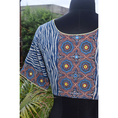 Indigo Ajrakh Designer Embroidered Blouse