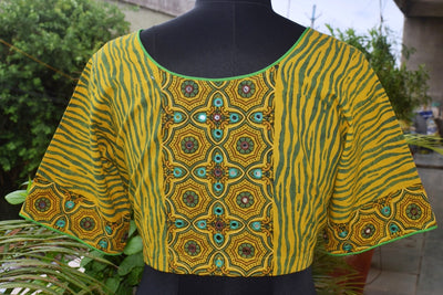 Yellow Ajrakh Designer Embroidered Blouse