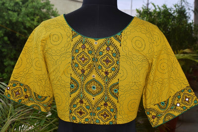 Yellow Ajrakh Designer Embroidered Blouse