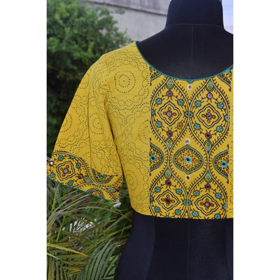 Yellow Ajrakh Designer Embroidered Blouse