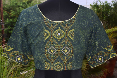 Green Ajrakh Designer Embroidered Blouse