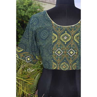 Green Ajrakh Designer Embroidered Blouse