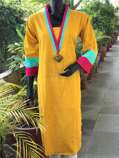 Yellow Cotton Solid Designer Kurti