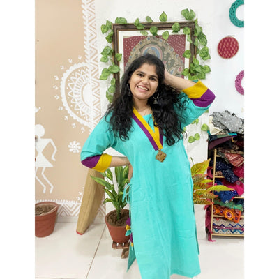 Firozi Cotton Solid Designer Kurti