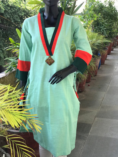 Teal Cotton Solid Designer Kurti