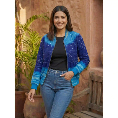 Blue Bandhani Merino Wool Bomber Jacket