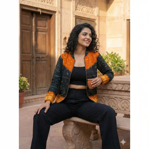 Black Bandhani Merino Wool Bomber Jacket