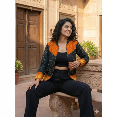 Black Bandhani Merino Wool Bomber Jacket