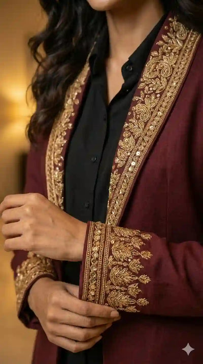 Burgundy Modal Silk Zardosi Blazer