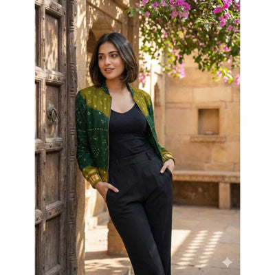 Green Bandhani Merino Wool Bomber Jacket