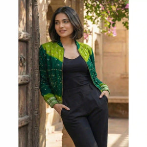 Green Bandhani Merino Wool Bomber Jacket