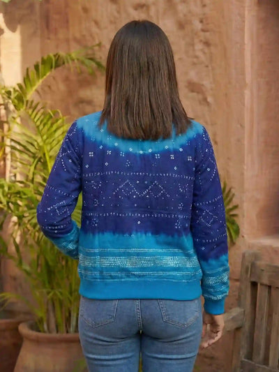 Blue Bandhani Merino Wool Bomber Jacket