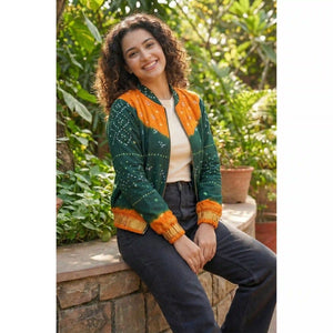 Green Bandhani Merino Wool Bomber Jacket