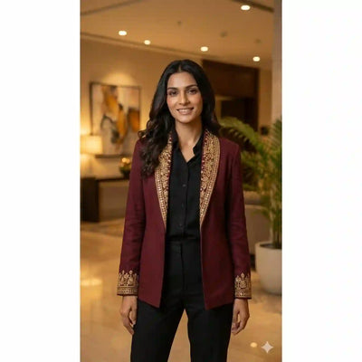 Burgundy Modal Silk Zardosi Blazer
