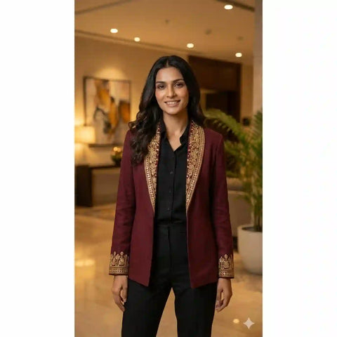 Burgundy Modal Silk Zardosi Blazer