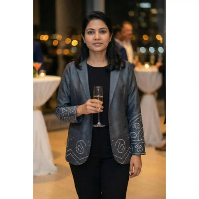 Carbon Grey Bandhani Dola Silk Blazer