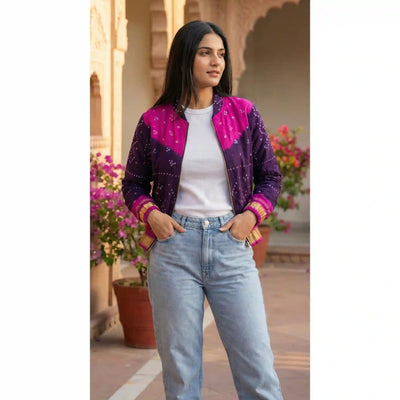 Purple Bandhani Merino Wool Bomber Jacket