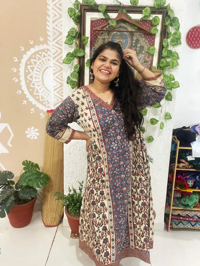 Cream Ajrakh Designer Block Print Kurti